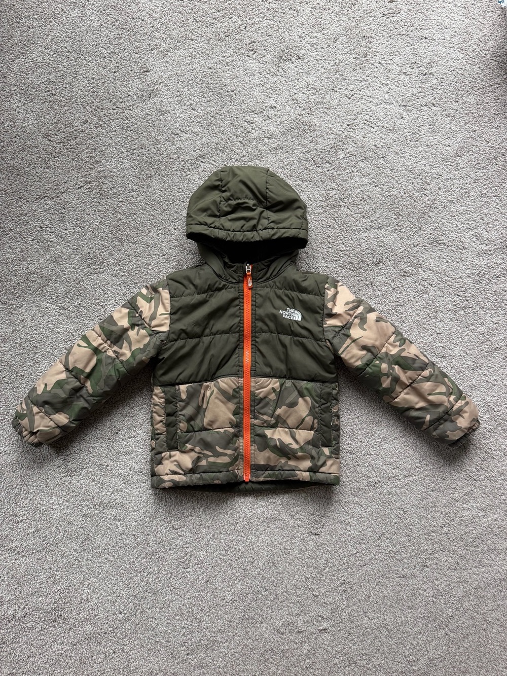The North Face Kids Olive & Camo Reversible Puffer Jacket with Orange Zipper
